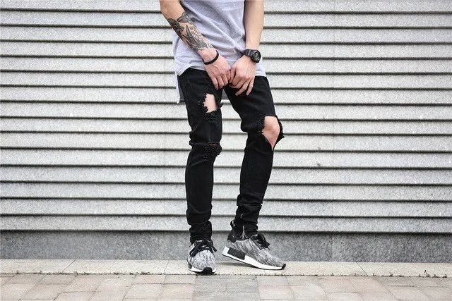 Новые осенние мужские рваные джинсы в стиле хип-хоп байкерские рваные джинсовые брюки мужские брюки для бега узкие джинсы с боковой молнией homme