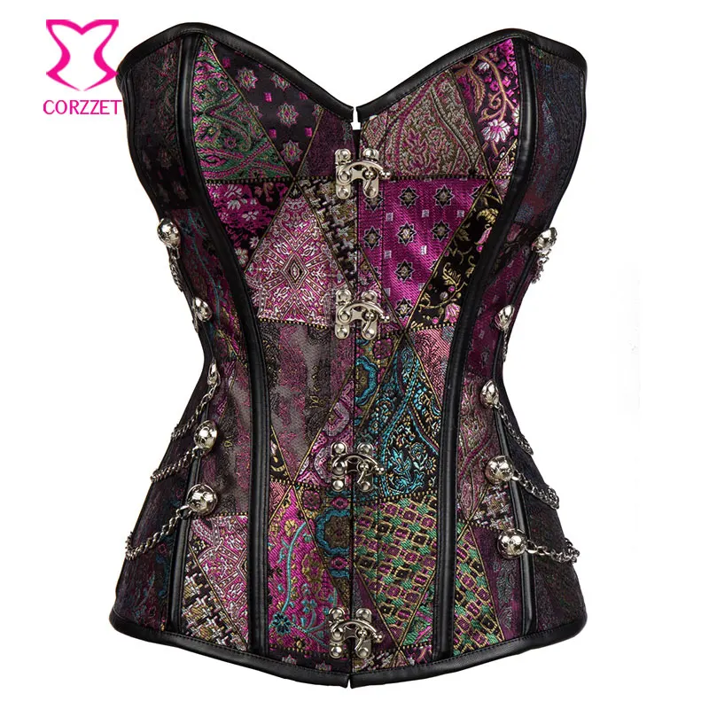 

purple Brocade gothic wasit chain trainers corset chaine corset overbust strapless steampunk sexy women clothing plus size 6XL