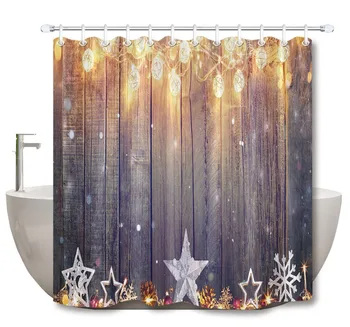 

LB Shower Curtain Vintage Christmas Decoration With Stars And Lights On Wooden Bathroom Waterproof Polyester Fabric For Bathtub