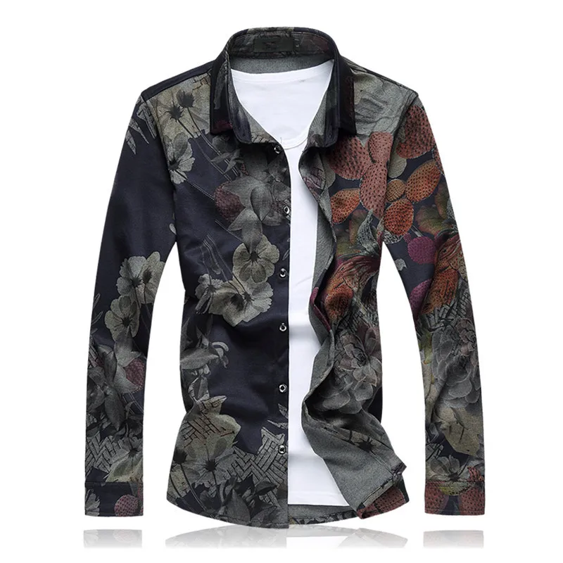 

Free shipping 2019 New Mens Gold Floral Shirt Long Sleeve Mens Dress Shirts M-5XL 6XL 7XL Plus Size Mens Casual Slim Fit Shirt