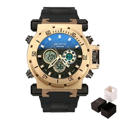 STRYVE 8015 Топ люксовый бренд часы армейские военные тяжелый циферблат Dual Time водонепроницаемые спортивные кварцевые электронные мужские часы reloj hombre - Цвет: gold black and box