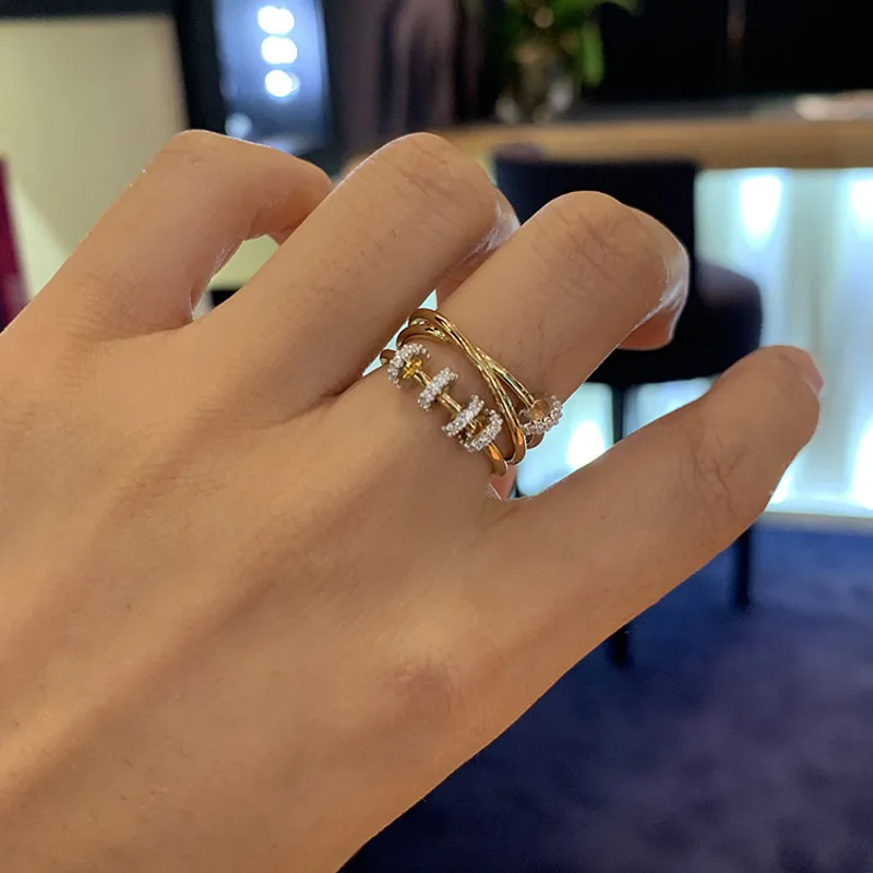 

SLJELY Real 925 Sterling Silver Yellow Gold Color Triple Circles Finger Ring with Sliding Rings Pave Zircon Women Luxury Jewelry