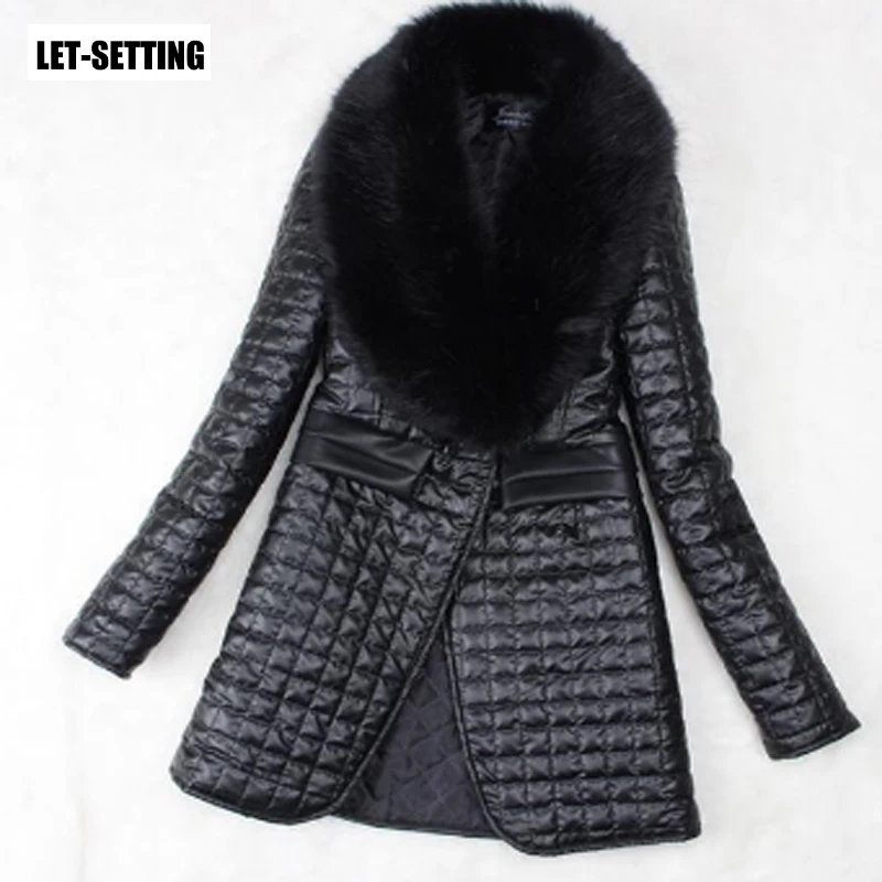 

LET-SETTING Faux Fur collar sheep skin imitation leather plus size leather jacket women long coat