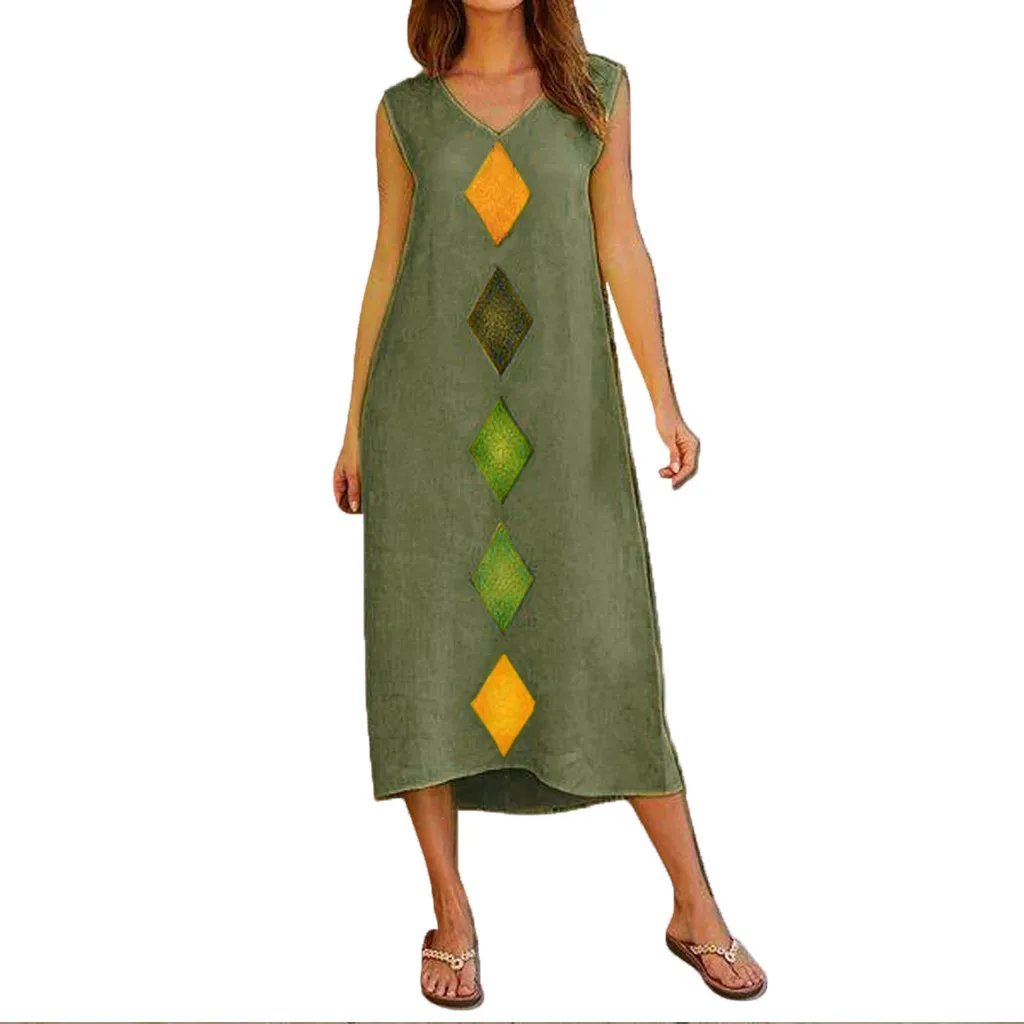 Women Dress Vintage Women Summer Sleeveless V Neck Cotton Linen Printed Casual Long Maxi Beach Formal Dress