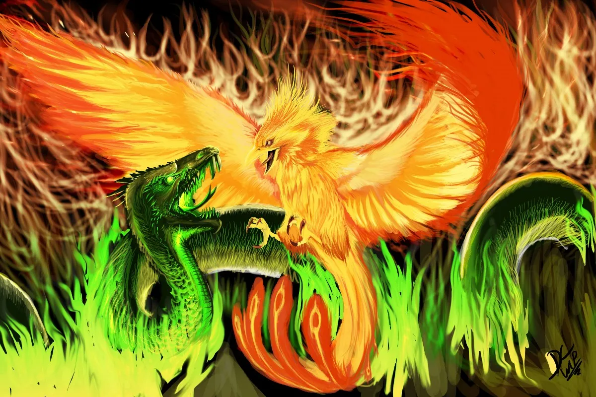 Phoenix vs basilisk por decadia dragón y fuego llama monstruo criatura