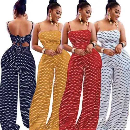 Hot Women Fashion Dot Sleeveless Backless Playsuits Female Summer Clubwear Playsuit Bodycon Party Jumpsuit Long Pants S-2XL