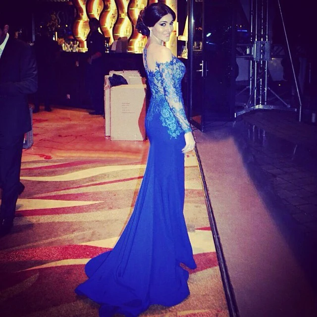 

2015 Newest Sheer Vintage Mermaid Lace Evening Dresses With Full Illusion Sleeves Long W3060 Royal Blue Perfect High Quality Top