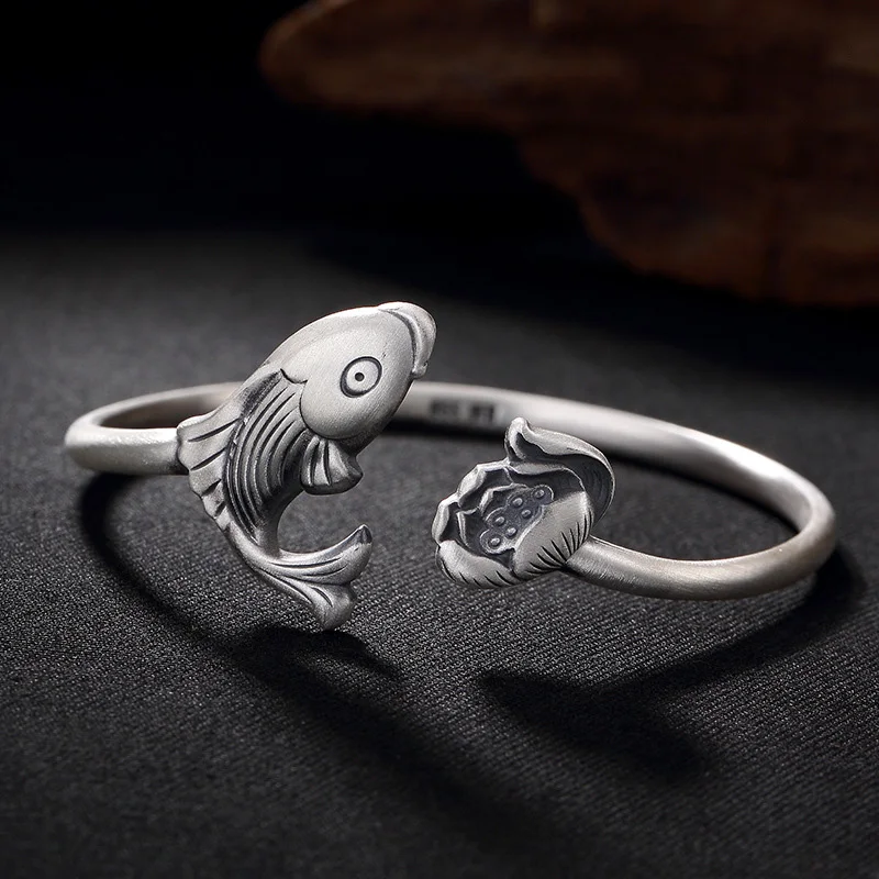 

Real Pure 999 Sterling Silver Women Cuff Bracelets Bangle Fish And Lotus Buddha Prayer Armbanden Voor Vrouwen