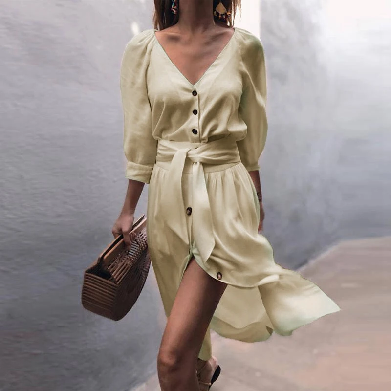 

Casual Summer Button Dress Shirt Office Lady Vintage Women Lantern Sleeve Dress V neck Chiffon High Slit Dresses