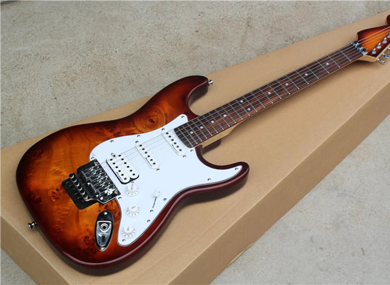 

Tobacco Sunburst Electric Guitar with White Pickguard,Reverse Headstock,SSH Pickups,Floyd Rose,offering customized services