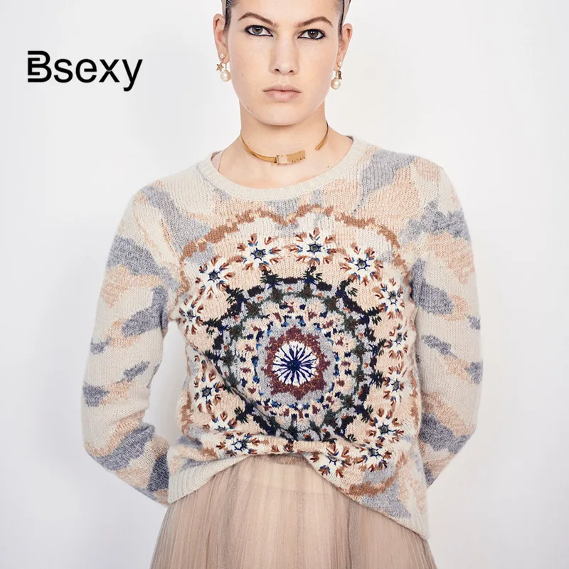 

Runway Sweater For Women 2019 Autumn Snows Embroidery Camouflage Sweater mujer Loose Casual Khaki Pullover Knitted Top Jumper