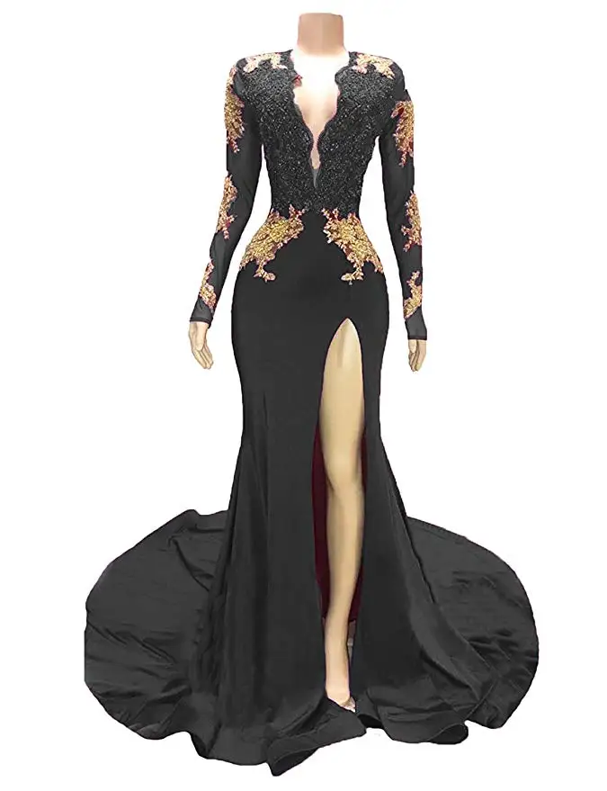 

2019 Deep V-Neck Zipper Long Sleeves Formal Gown Applique Satin Mermaid Court Train Prom Dress