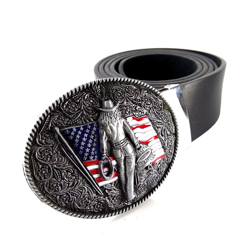 

Fashion women belt with American flag western cowgirl Clip metal belt buckle high quality Black faux leather belts for women
