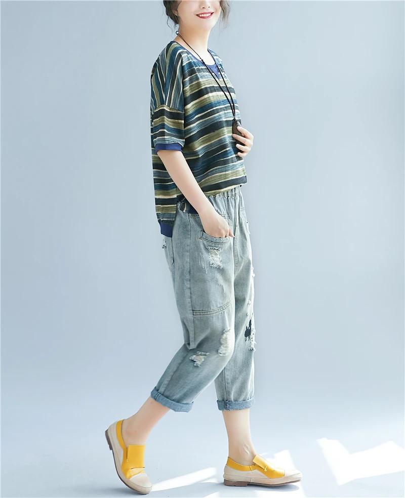Новые летние осенние женские Джинсы бойфренда Корейская версия мультфильм шаблон вышивка рваные джинсовые шаровары размера плюс мешковатые брюки