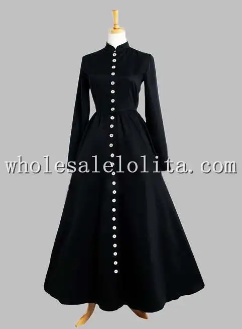 Готический Черный Тайский Шелк Кнопка в Передней Victorian Era Dress
