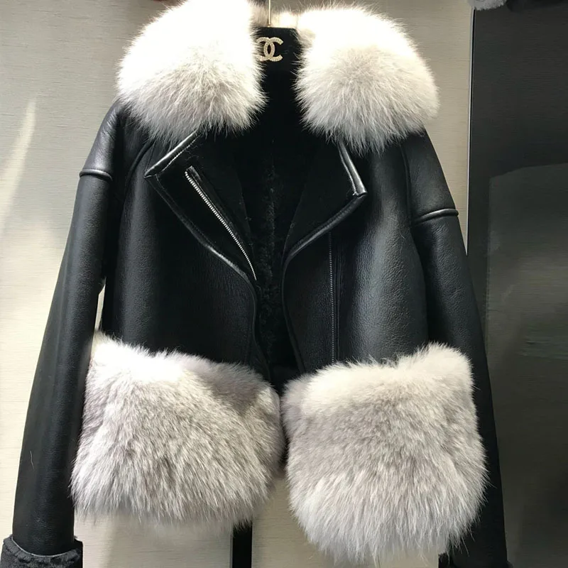 Бренд, зимняя куртка, пальто для женщин, двустороннее меховое пальто с воротником из лисьего меха, черная натуральная овчина, кожаная куртка, шерстяная подкладка - Цвет: Черный