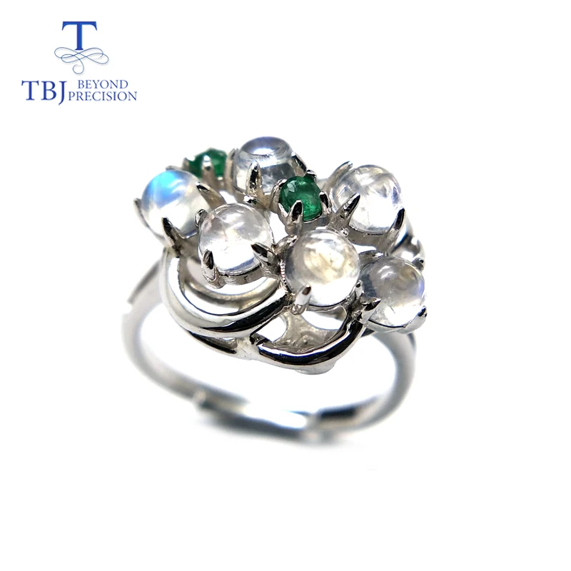 

TBJ,Natural flower moonstone and emerald Gemstone rings in 925 sterling silver for women as anniversary birthday special gift