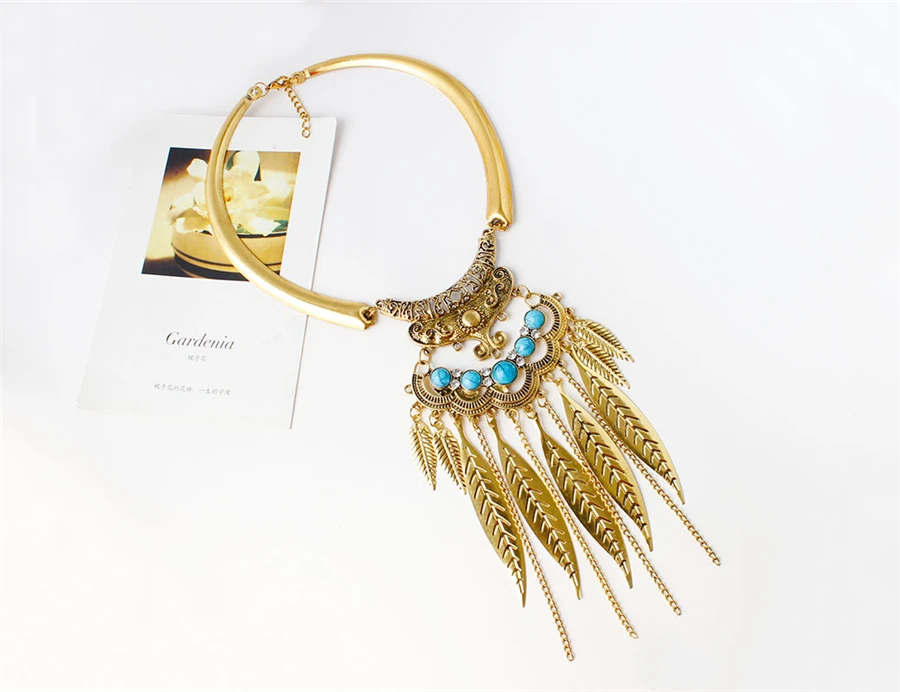Europe and America exaggerated smooth leaves tassel metal collar African national fashion wild clavicle chain necklace (3)