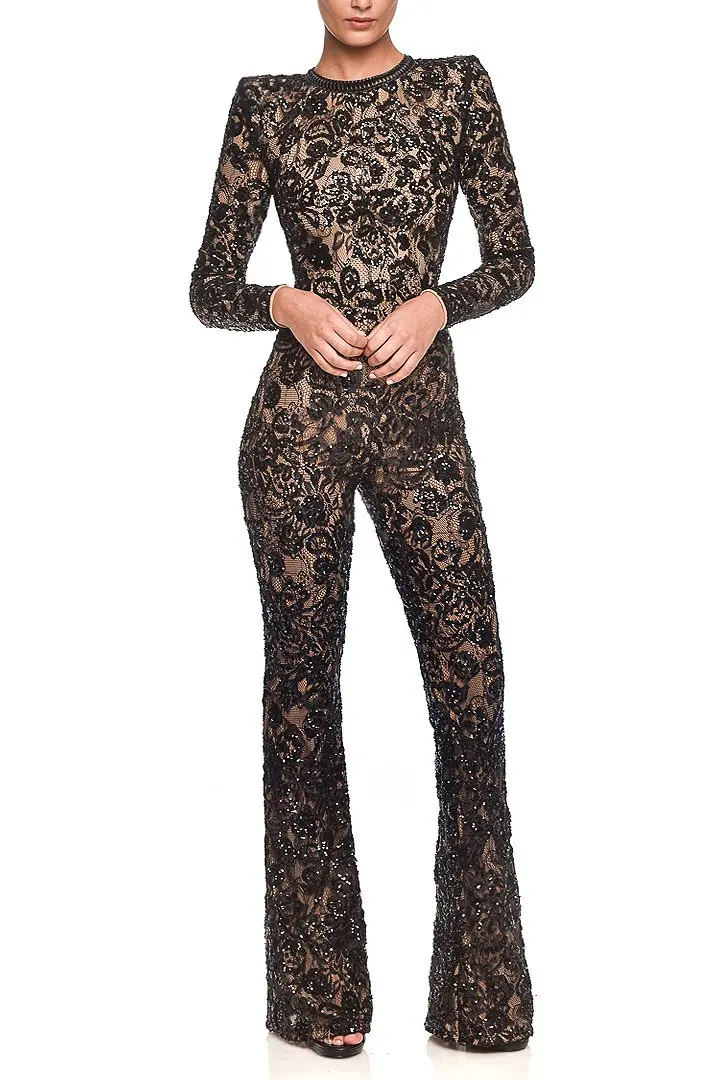 

New Arrival Black Long Sleeve Boot Cut Lace Fashion Celebrity Women Rompers Bandage Jumpsuit Party Clothing