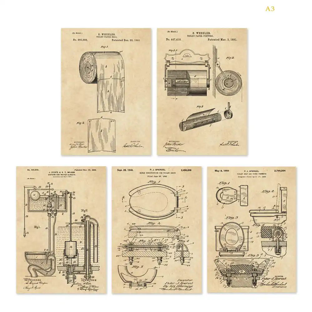 5 In 1 Vintage Patent Art On Toilet Paper Or Paper Fixture Toilet