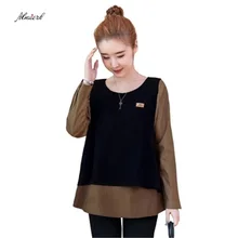 Весенняя женская футболка большого размера, новинка, Корейская свободная Длинная женская футболка с длинными рукавами из хлопка, две футболки p167