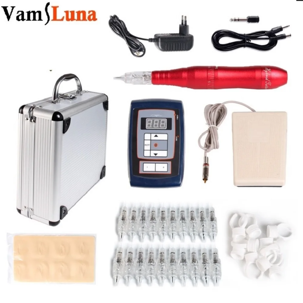 Tattoo Machine Set Permanent Eyebrow Makeup Pen Kit Power Supply 20 Needle Cartridges Eyebrow Practice Skin