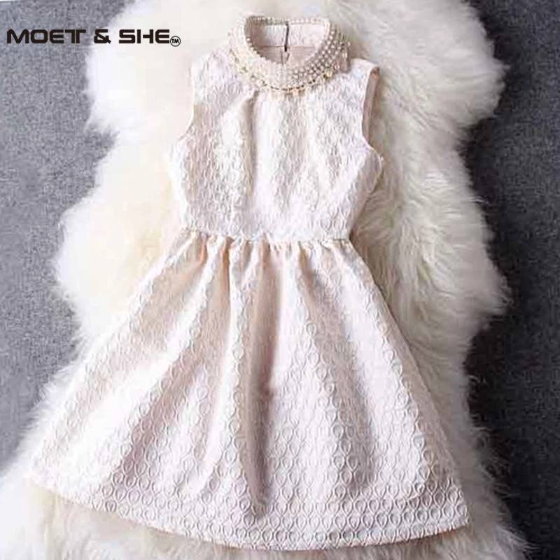 Buy Cheap Pearl Dress 2016 Spring Summer Fashion Slim Stand Collar Lace Beading Mid Waist Sleeveless Party Dresses Female S-2XL #4006