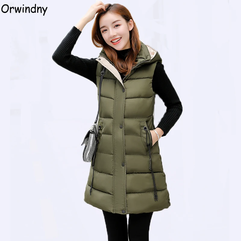 Orwindny 2018 New Slim Casual Women Winter Vest Long Army Green Hooded