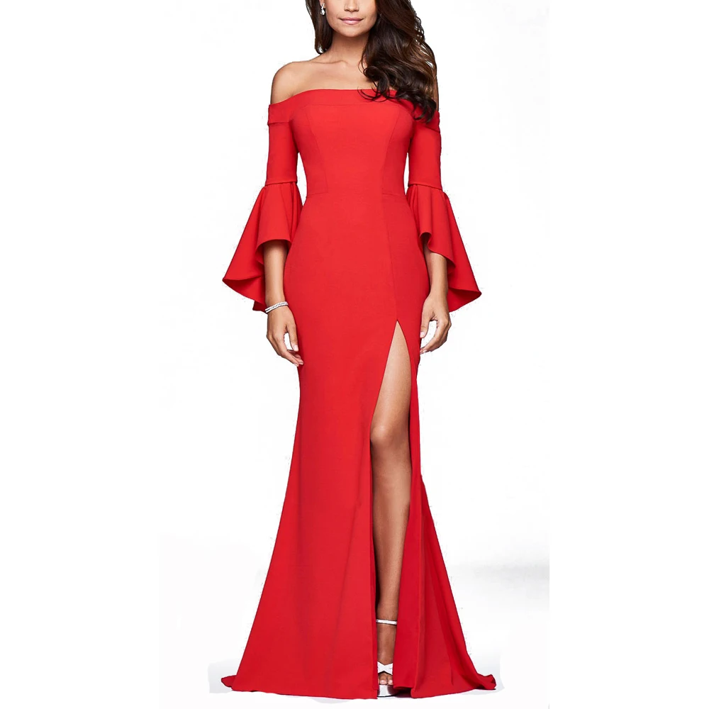 S-Fly Womens Off Shoulder Ruffles Split Bodycon Club Party Midi Dress