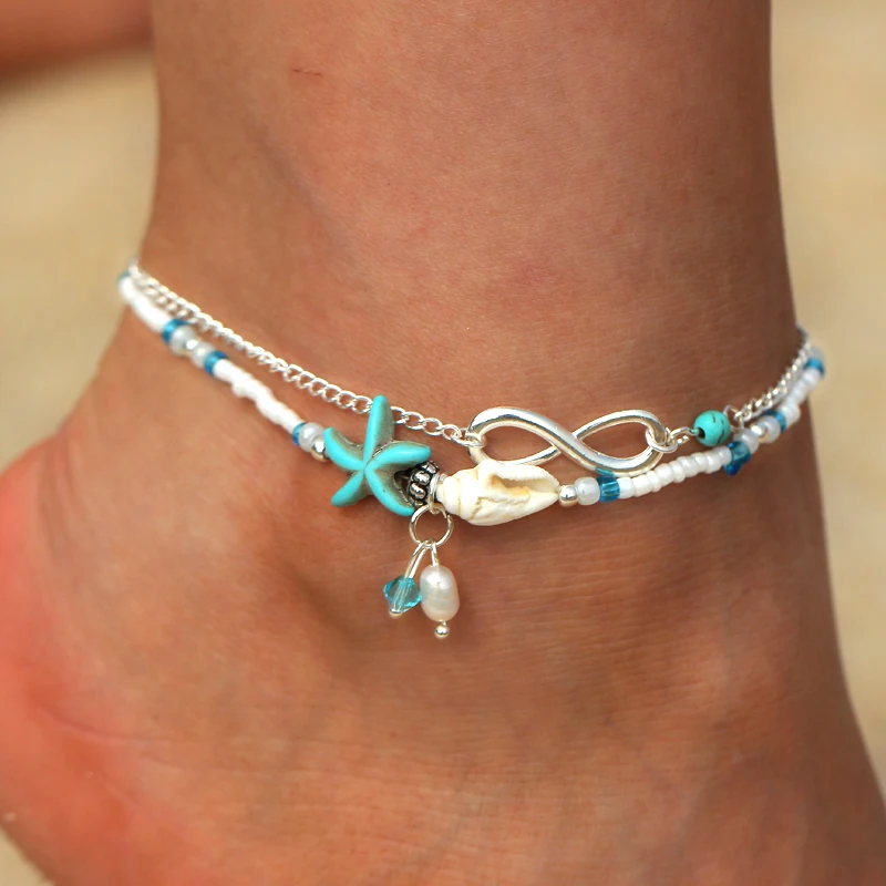 

Bohemian Multiple Layers Starfish Blue Stone Beads Anklets For Women Vintage Boho Shell Chain Anklet Bracelet Beach Jewelry