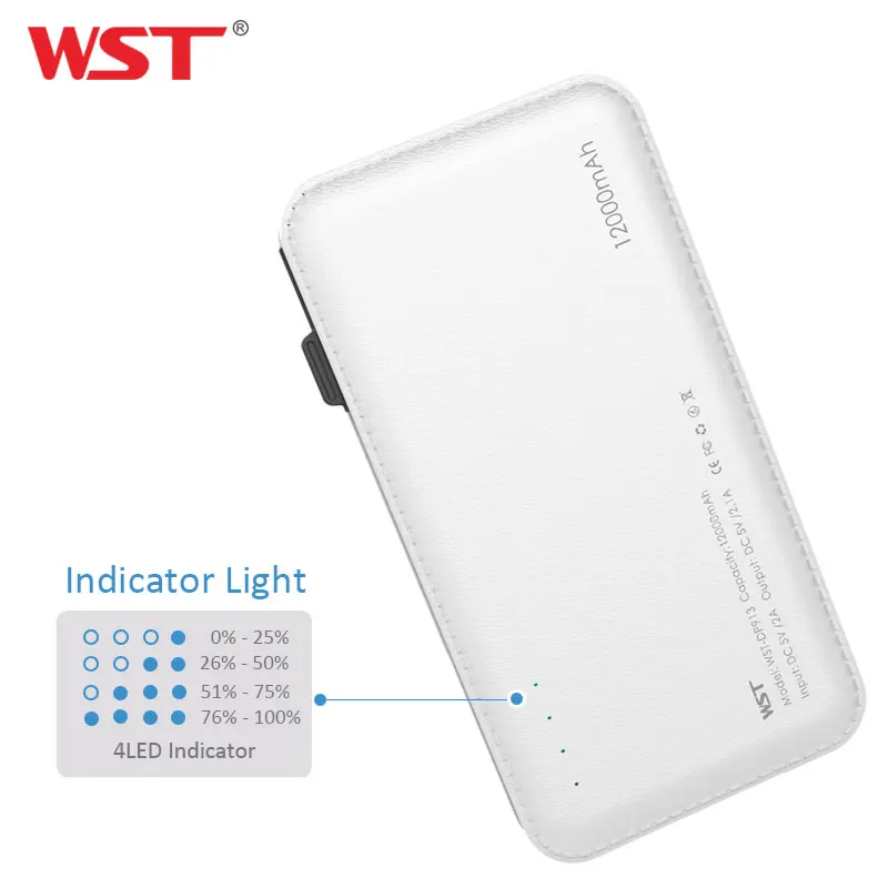 WST 12000mAh Power Bank Built-in Cable Portable Battery Charger for Android IOS Devices Li-Polymer Mobile Portable Battery Pack