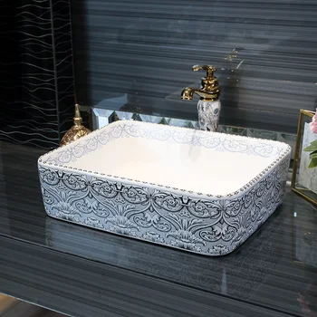 

Europe Vintage Style Art wash basin Ceramic Counter Top hand art basin blue white rectangular ceramic Wash Basin Bathroom Sink