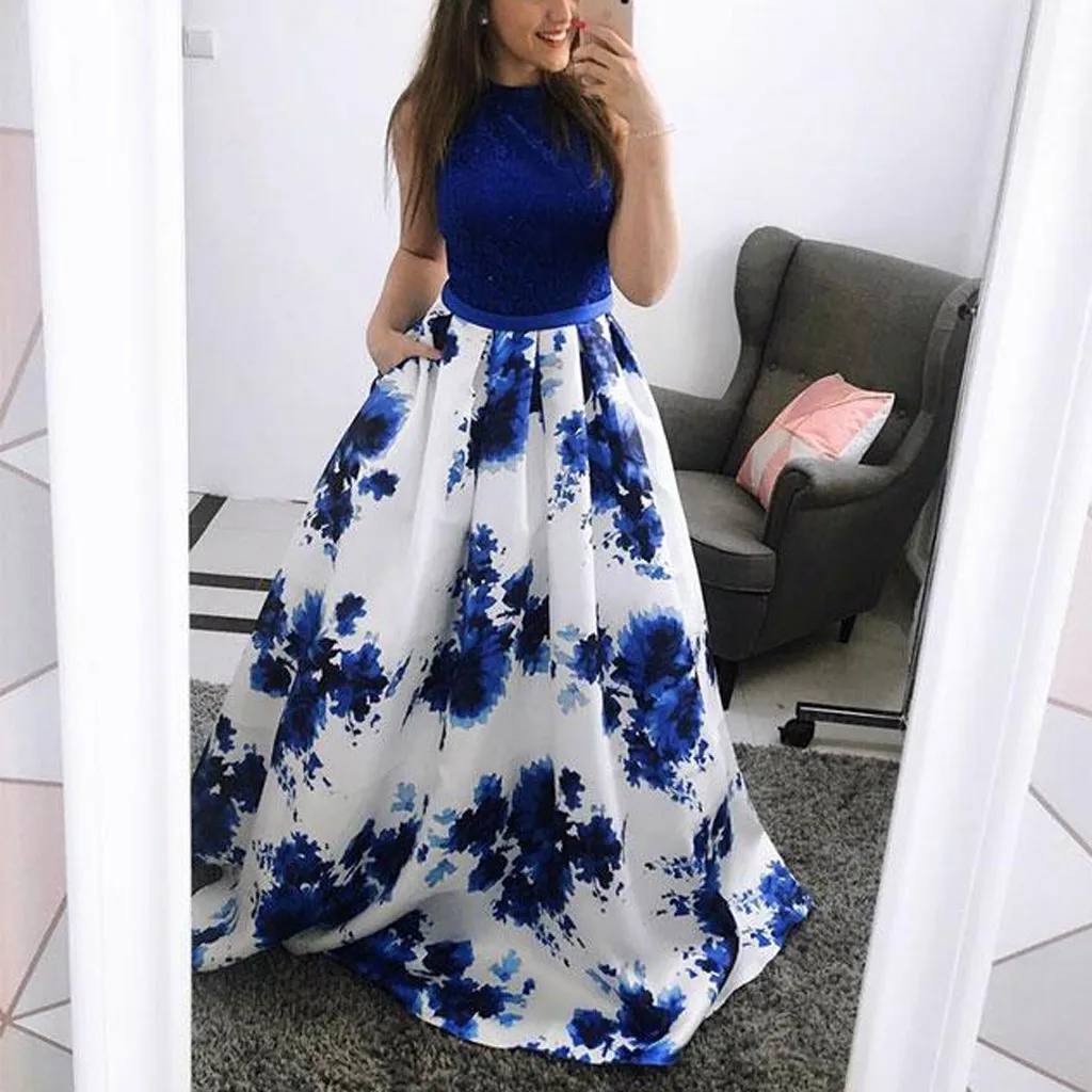 

2019 Summer Sexy Women Printing O-Neck Sleeveless Dinner Suit Sleeveless Long Party Dress robe femme sukienki vestidos de festa
