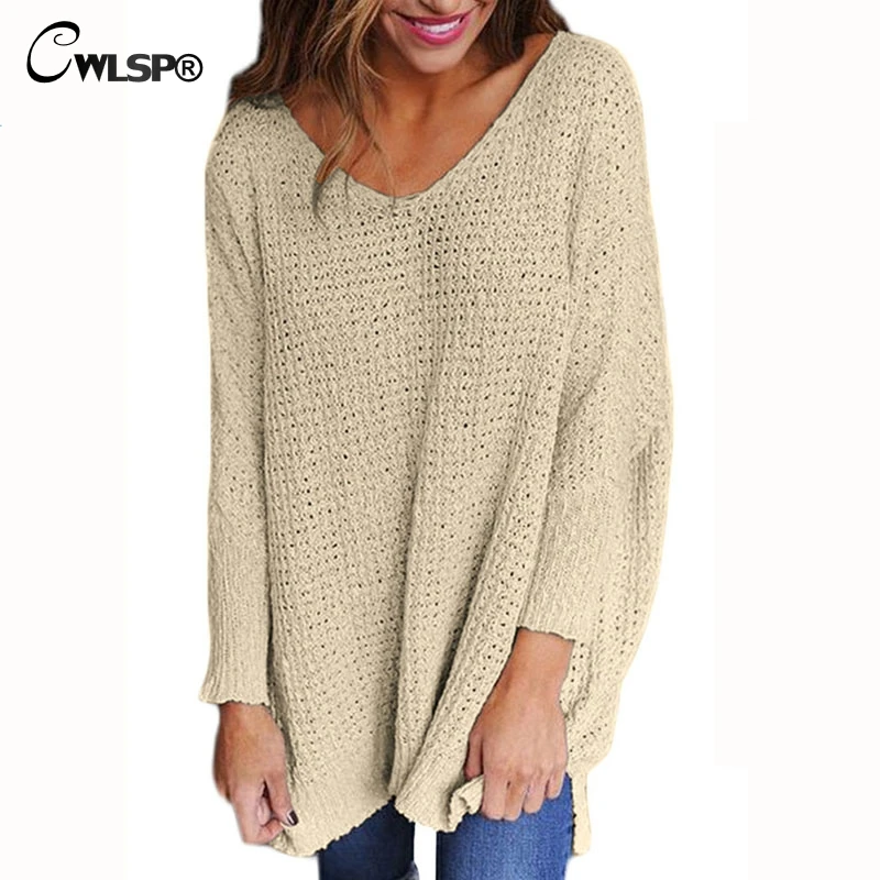 CWLSP Autumn Winter Women V neck Knitted Sweater Loose Long Sleeve Side Split Pullovers  QZ2334