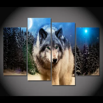 

4 Piece Framed HD Printed Wolf Stare Starry Night Picture Wall Art Canvas Print Decor Poster Canvas Modern Oil Painting