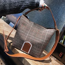 ETAILL Winter Pu Leather+Canvas Plaid Shoulder Bag Designer Brand Tote Bag Designer Female Bucket Shoulder Bags Composite Bag