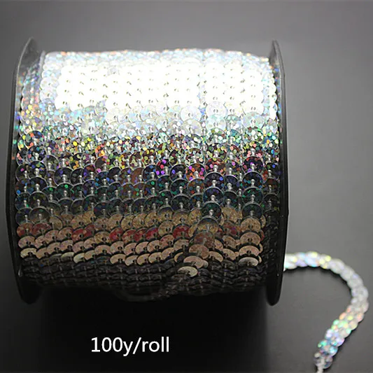 100Y/Roll Laser Silver 6mm Sequin Trim Sewing Paillette Strings Round