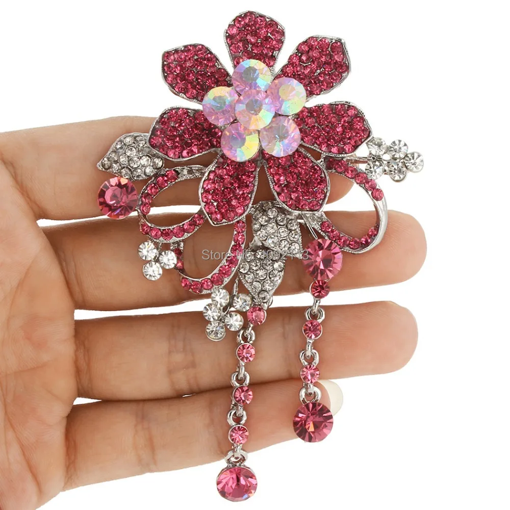 Bella Fashion Pink Flower Rhinestone Brooch Pins Austrian Crystal 