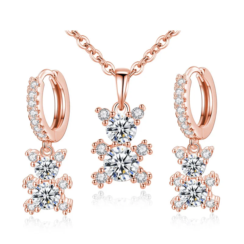 

Cute Animal Jewelry Sets White Gold Color AAA+ Cubic Zircon Bear Shape Hoop Earrings Rolo Chain Pendant Necklace for Women Girls