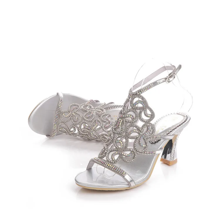 2016 Summer New Diamond Sandals Female Chunky Heeled High Heels Crystal Fashion Womens Large Size Shoes 11 Gold Silver Black-28