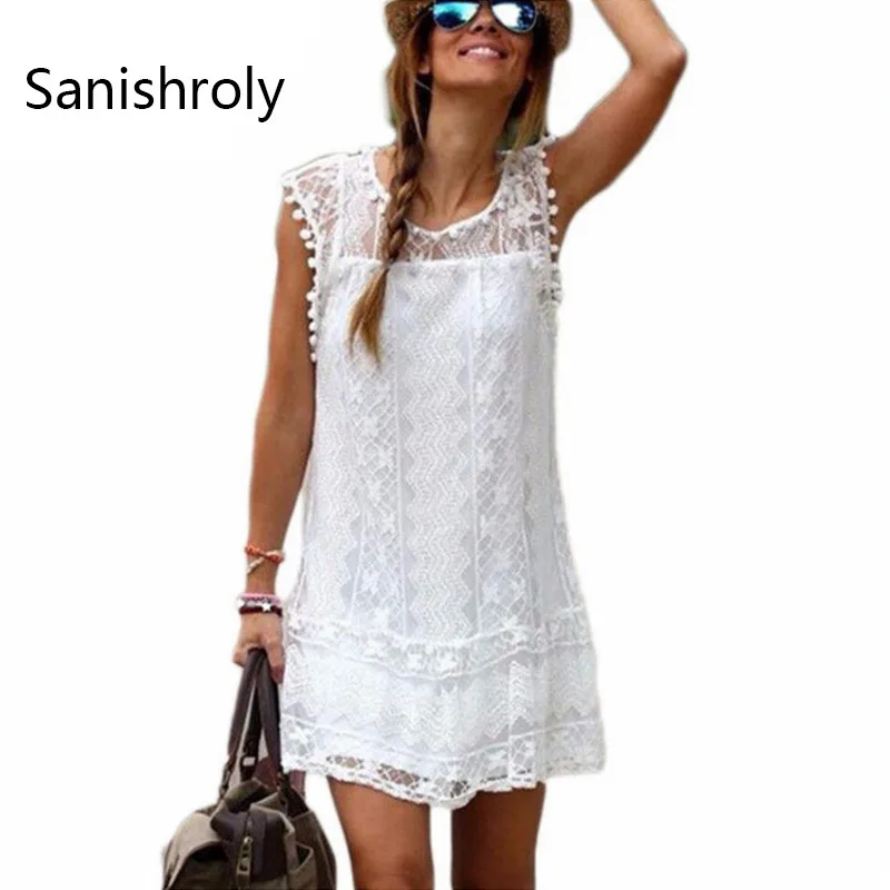 Новое летнее платье Sanishroly 2018 женские белые кружевные платья с бахромой женское