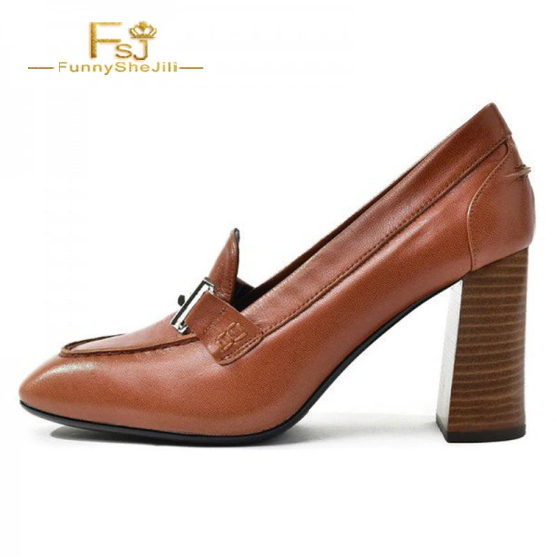 Женская обувь; туфли-лодочки без шнуровки в стиле ретро; цвет коричневый; винтажные женские лоферы с квадратным носком на не сужающемся книзу массивном каблуке; модная повседневная обувь; сезон осень; коллекция года; большие размеры 15; FSJ - Цвет: FSJ01