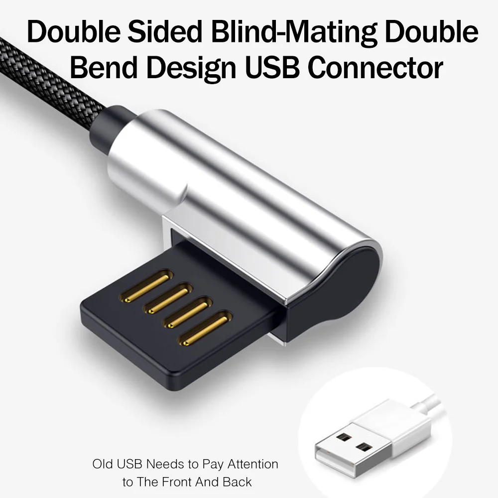 Кабель Micro USB с двойным изгибом YKZ, быстрая зарядка, двусторонний, слепой-вязка, Кабель Microusb для samsung Xiaomi LG, Android, телефонный кабель