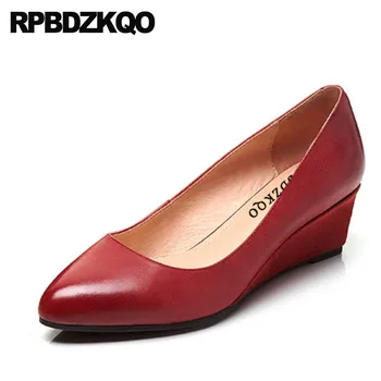 

Ladies Work Bride Luxury Size 4 34 Pointed Toe Wedding 2018 Office High Heels Wedge Shoes Genuine Leather Retro Medium Wine Red