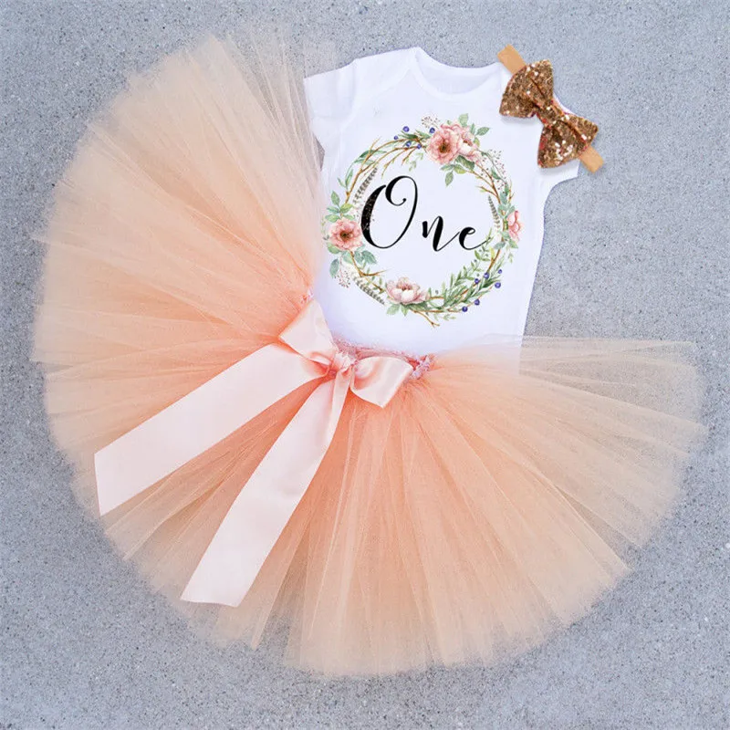 

1st Birthday Newborn Baby Girls Flower Letter Tops Rompers Bow-knot Tulle Tutu Dress Headband 3Pcs 2018 Cute Baby Outfit Clothes