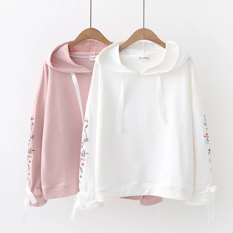 

Casual Hoodie Harajuku Pullovers Women Flower Print Sleeve Sweatshirts Mori Girl Kawaii Cartoon Lolita Coat Spring Hoodie New