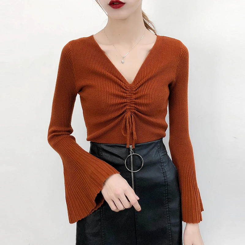 

Flare Sleeve Sweater Women Fashionable Drawstring Knitted Split Autumn Winter Sweaters Pullovers Female Tricot Jumper Femme