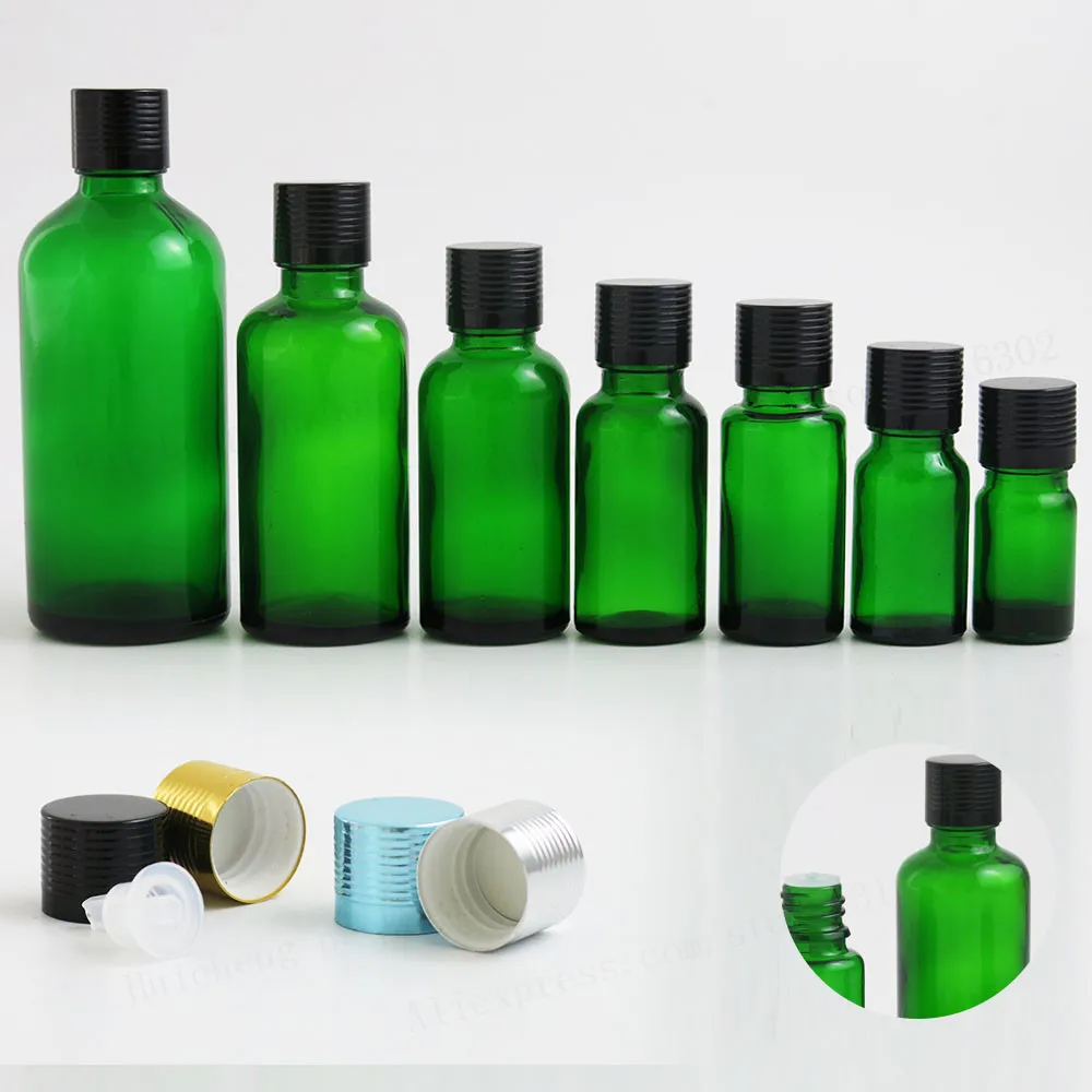 

12 xTravel Empty Green glass essential oil bottle with aluminum lids cosmetic packging 100ml 50ml 1oz 2/3oz 1/2oz 1/3oz 5ml