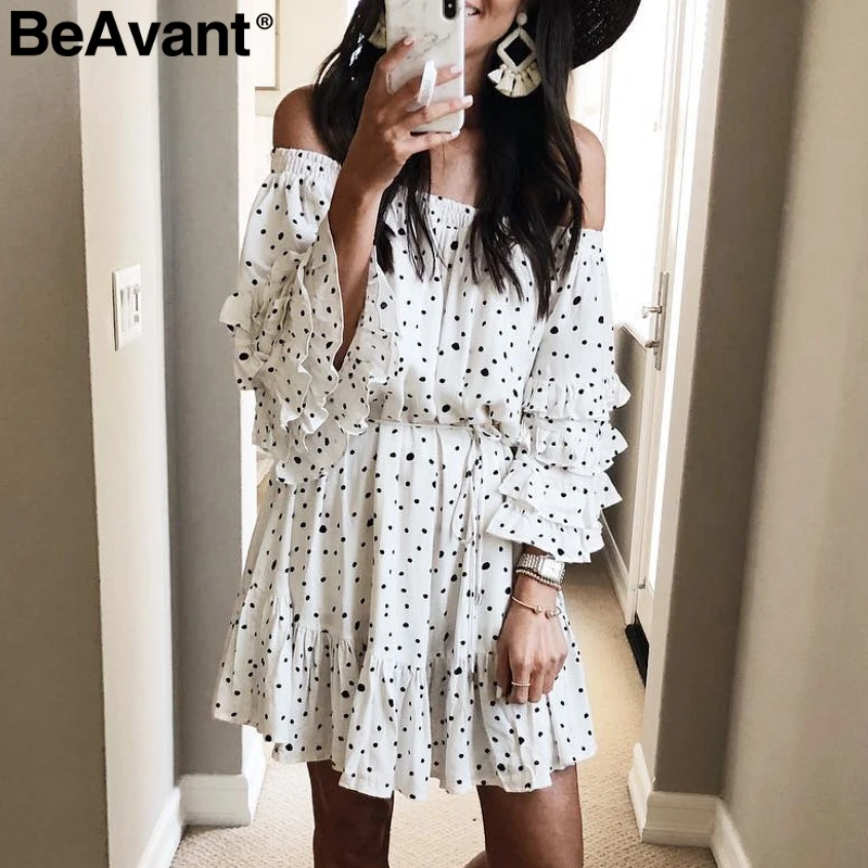 BeAvant с открытыми плечами в горошек платье принтом женское сексуальное рюшами