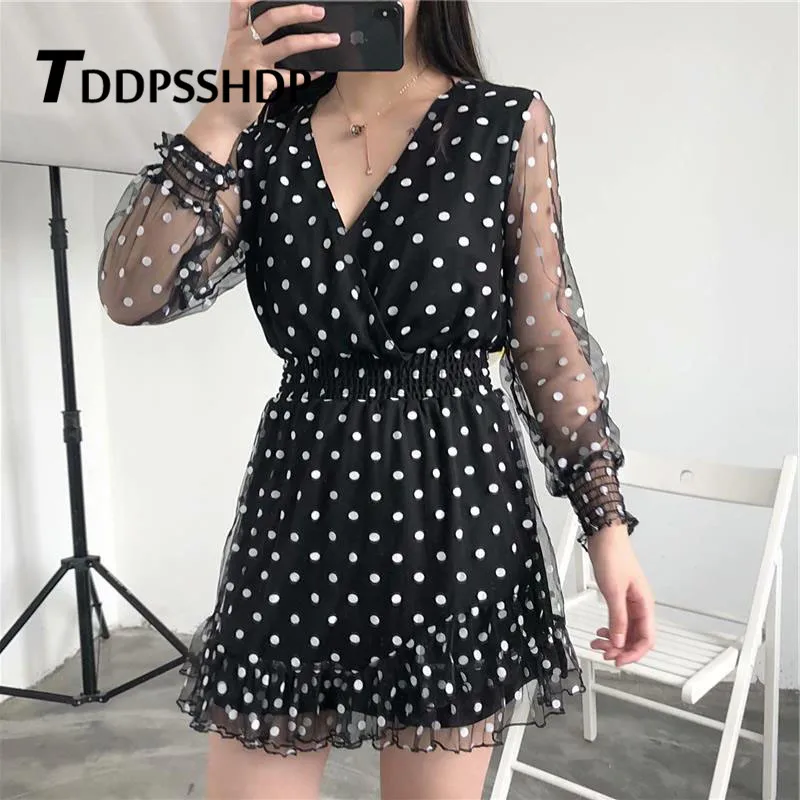 

Transparent Sleeve Women Dress V Neck Ruffles Patchwork Polka Dot Printing 2019 New Female Dresses
